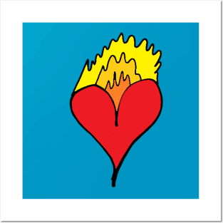 Burning red heart ! A cute, pretty, beautiful red heart drawing which is burning. Posters and Art